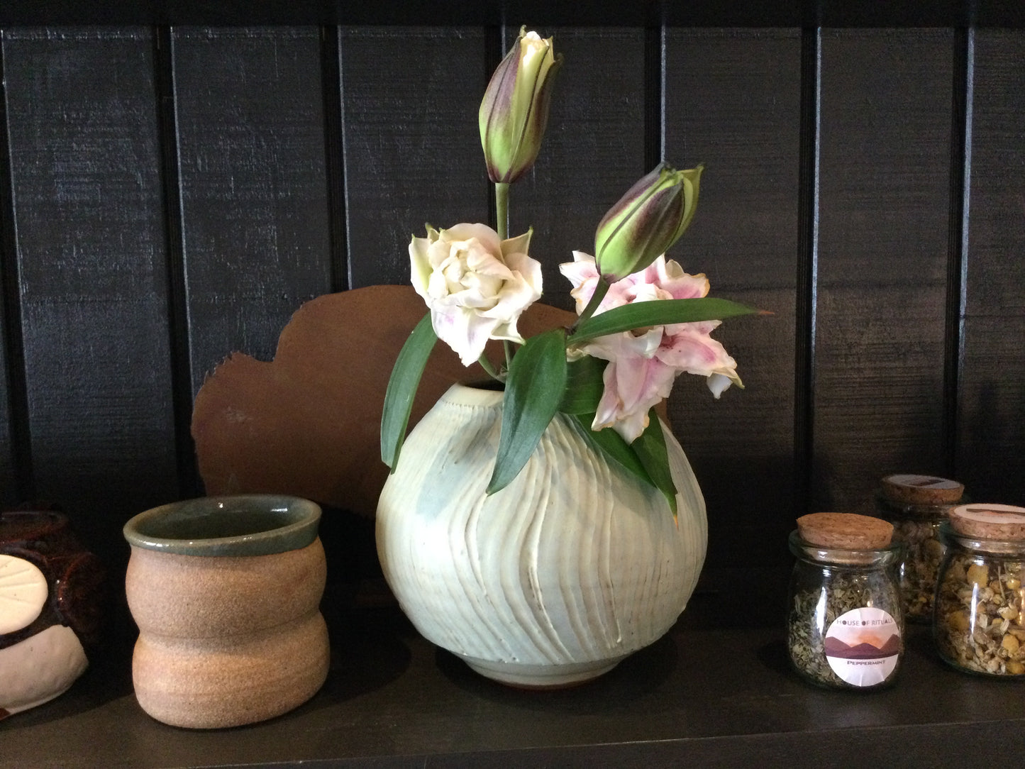 Wide Light Blue Vase w/ Lillacs