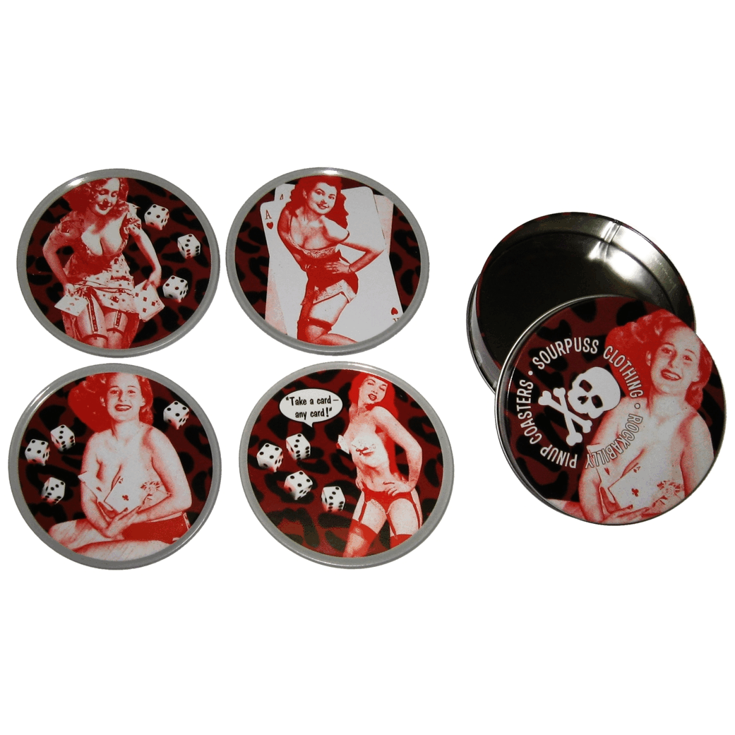 Sourpuss Nudie Coasters | Rockabilly Pin-Up Girls Set of Four | Metal & Cork Retro Drinkware with Storage Tin