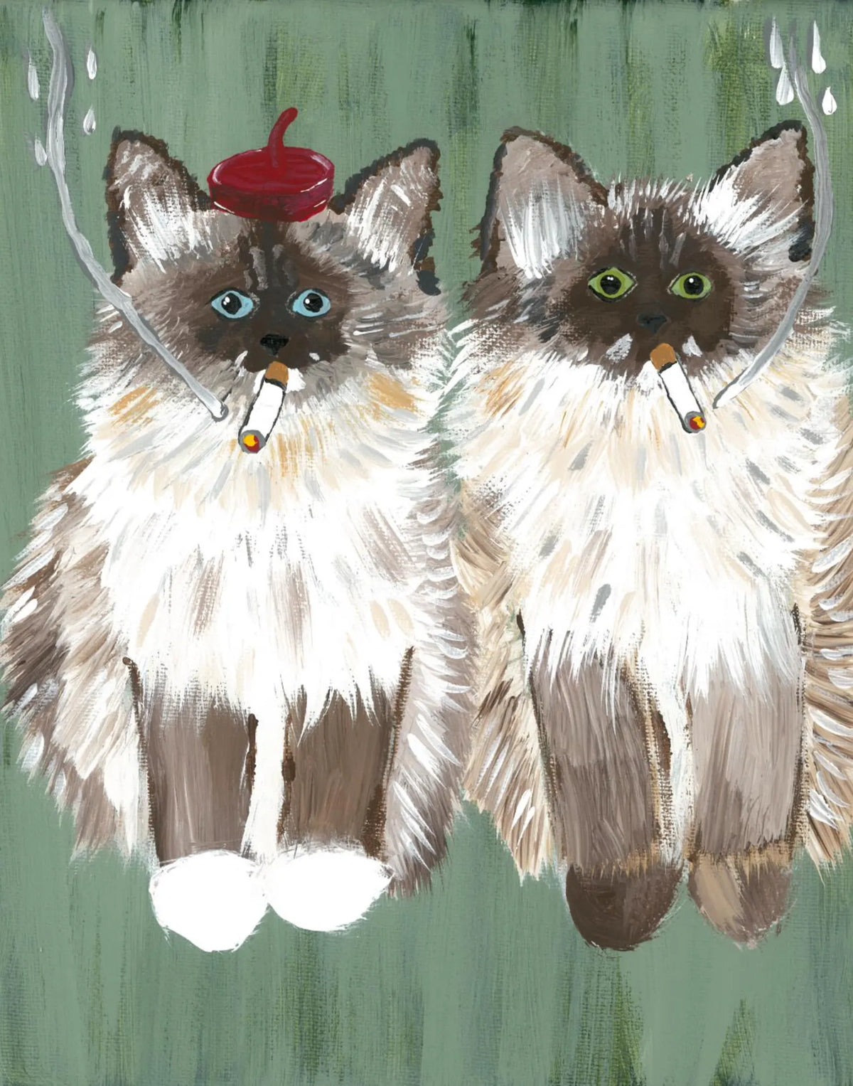Twin French Siamese Smoking Cat Print