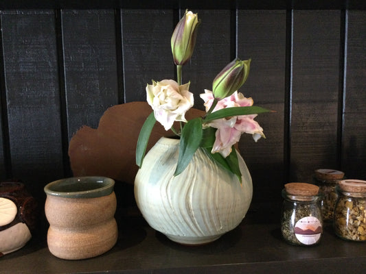 Wide Light Blue Vase w/ Lillacs