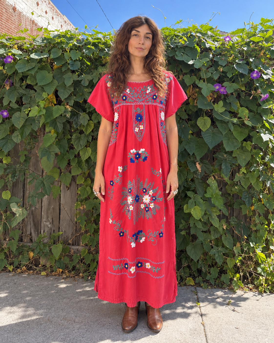 70s Embroidered Red Dress