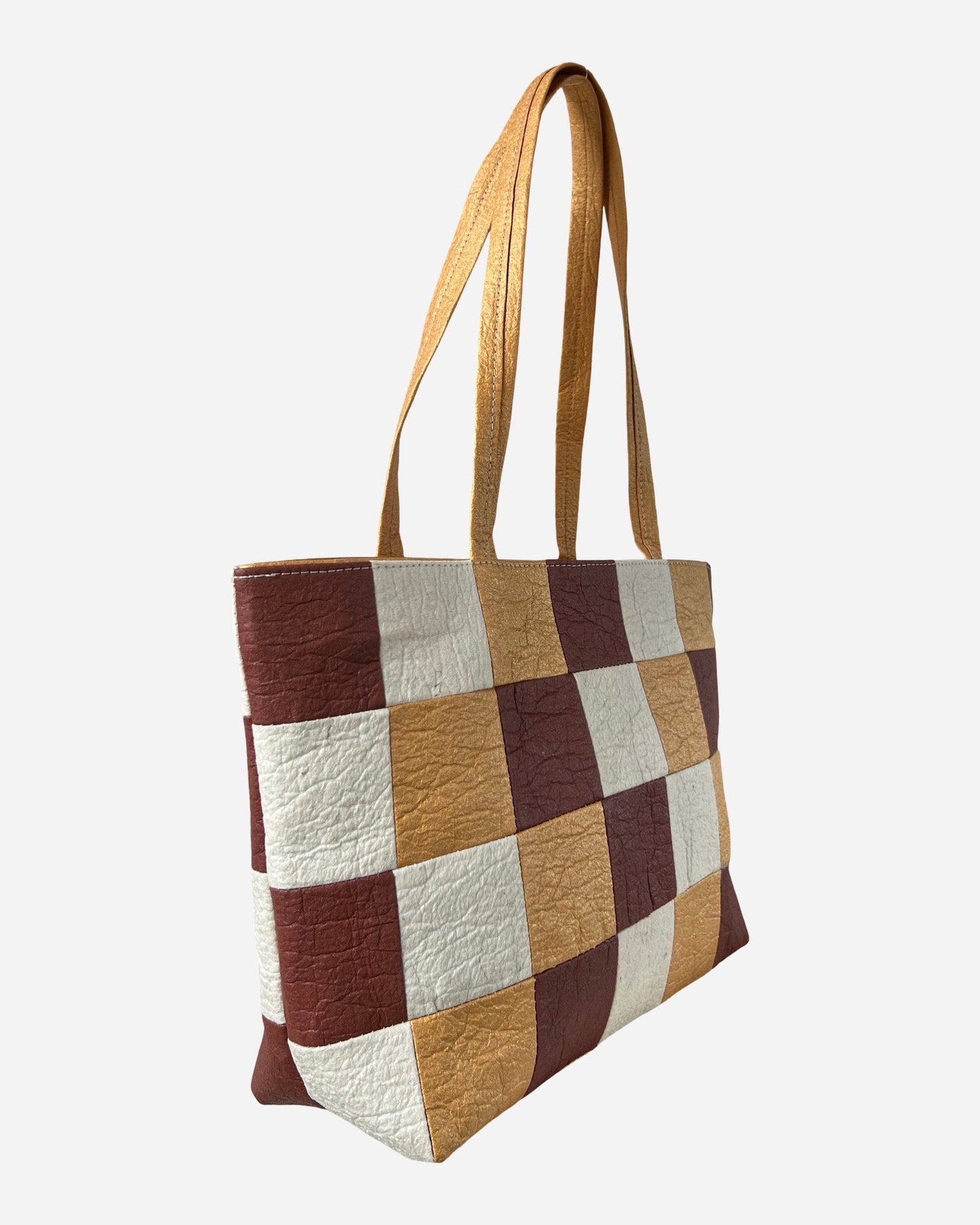 Large Tote, Checkered Patchwork Antique Gold/Natural/Canela