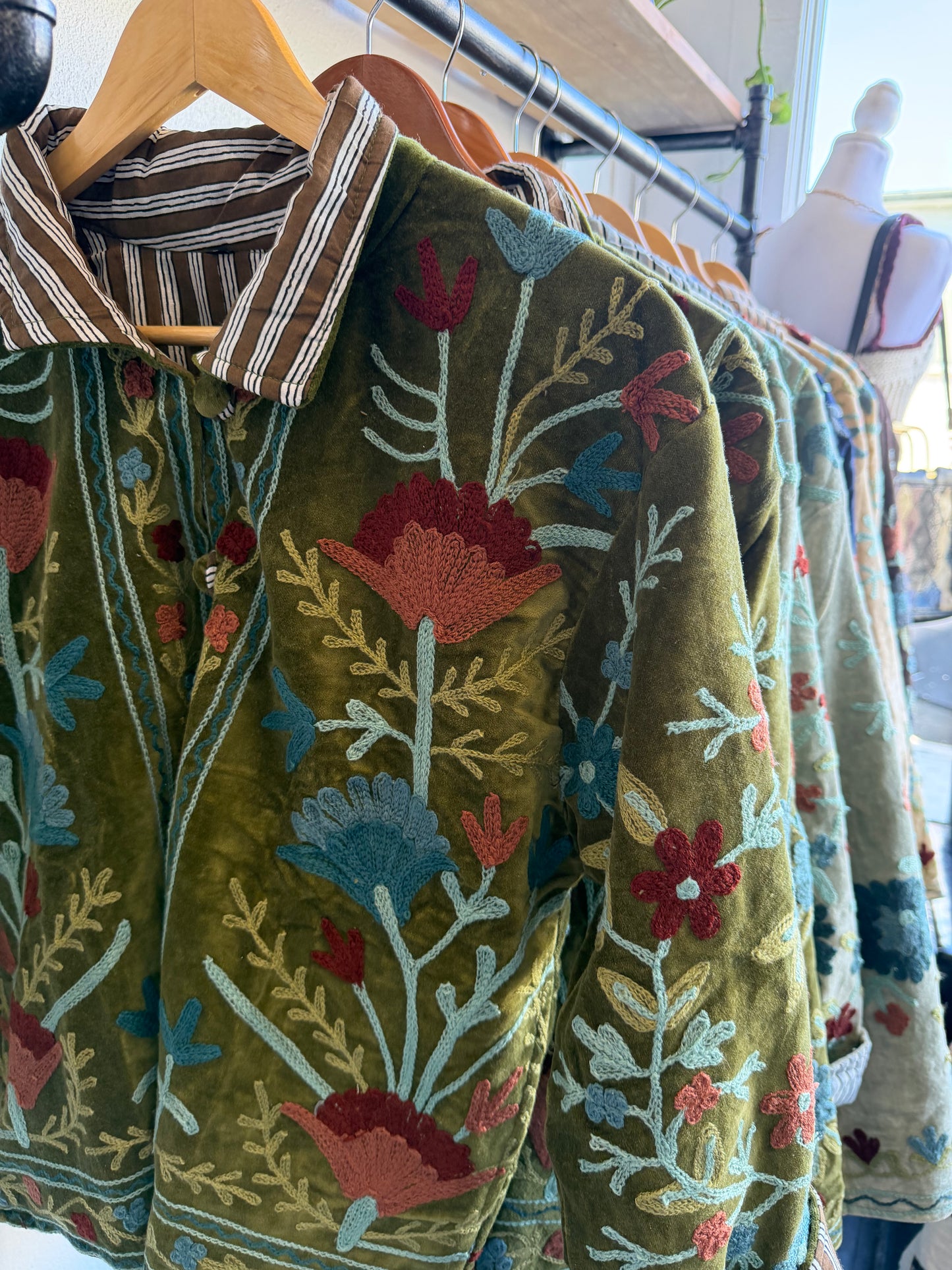 Hand Embroidered Velvet Jacket Olive Green