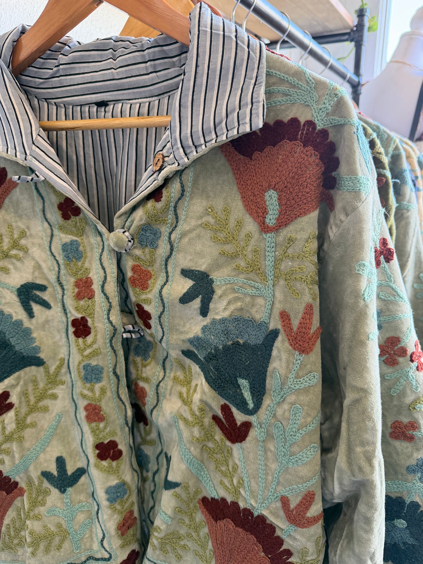 Hand Embroidered Velvet Jacket Pale Seafoam