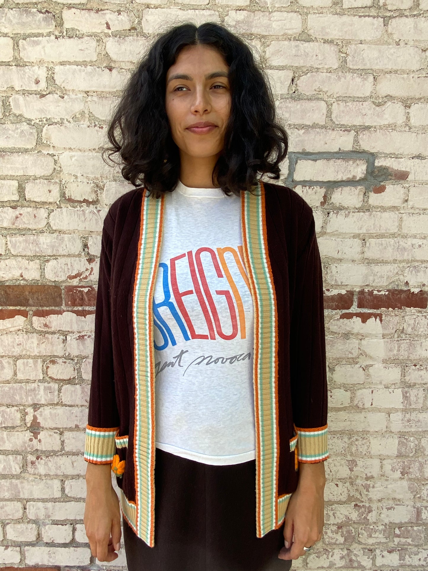 Brown Long Sweater w/ Flower Pockets