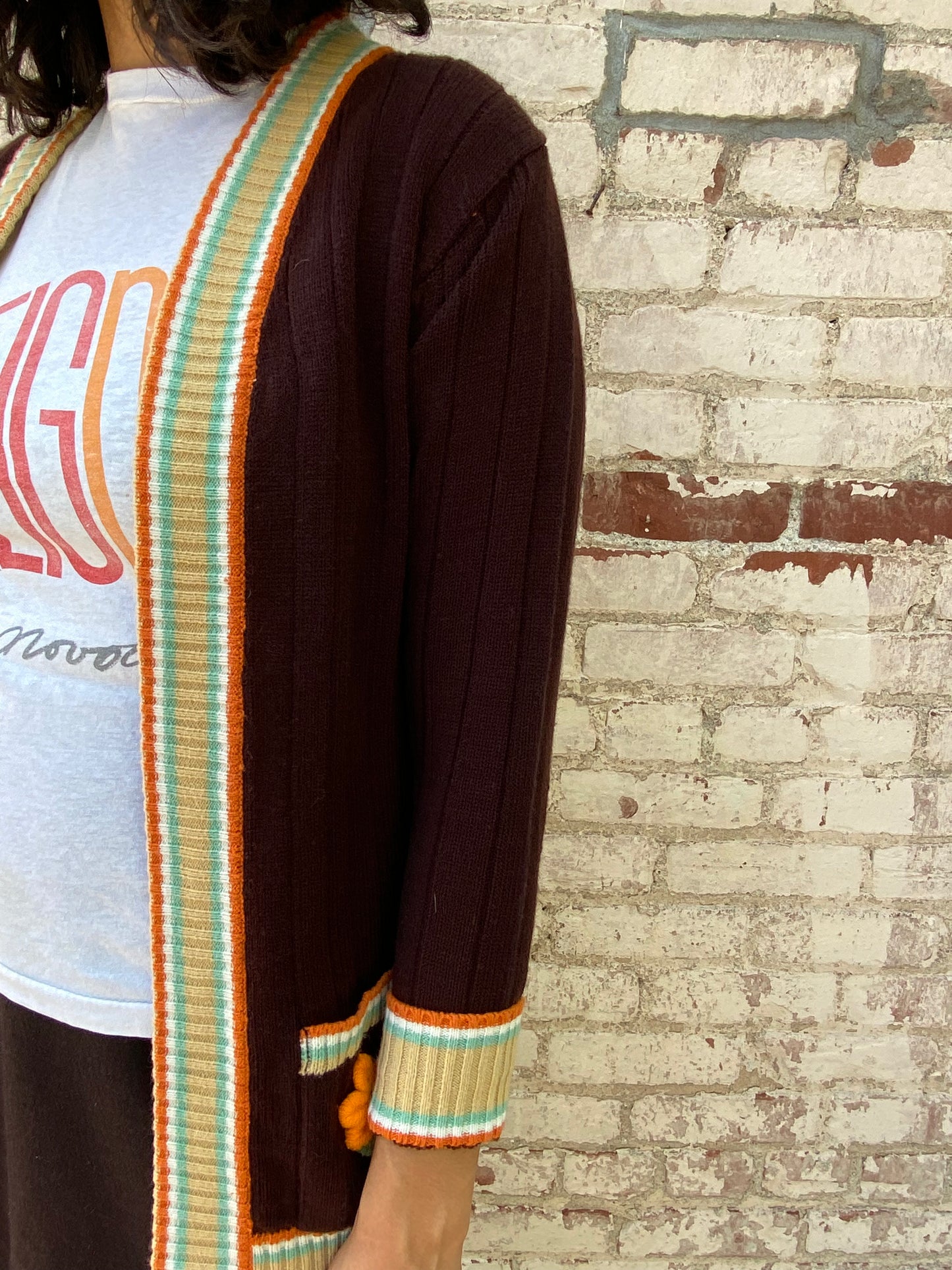 Brown Long Sweater w/ Flower Pockets