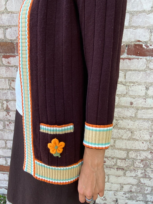 Brown Long Sweater w/ Flower Pockets