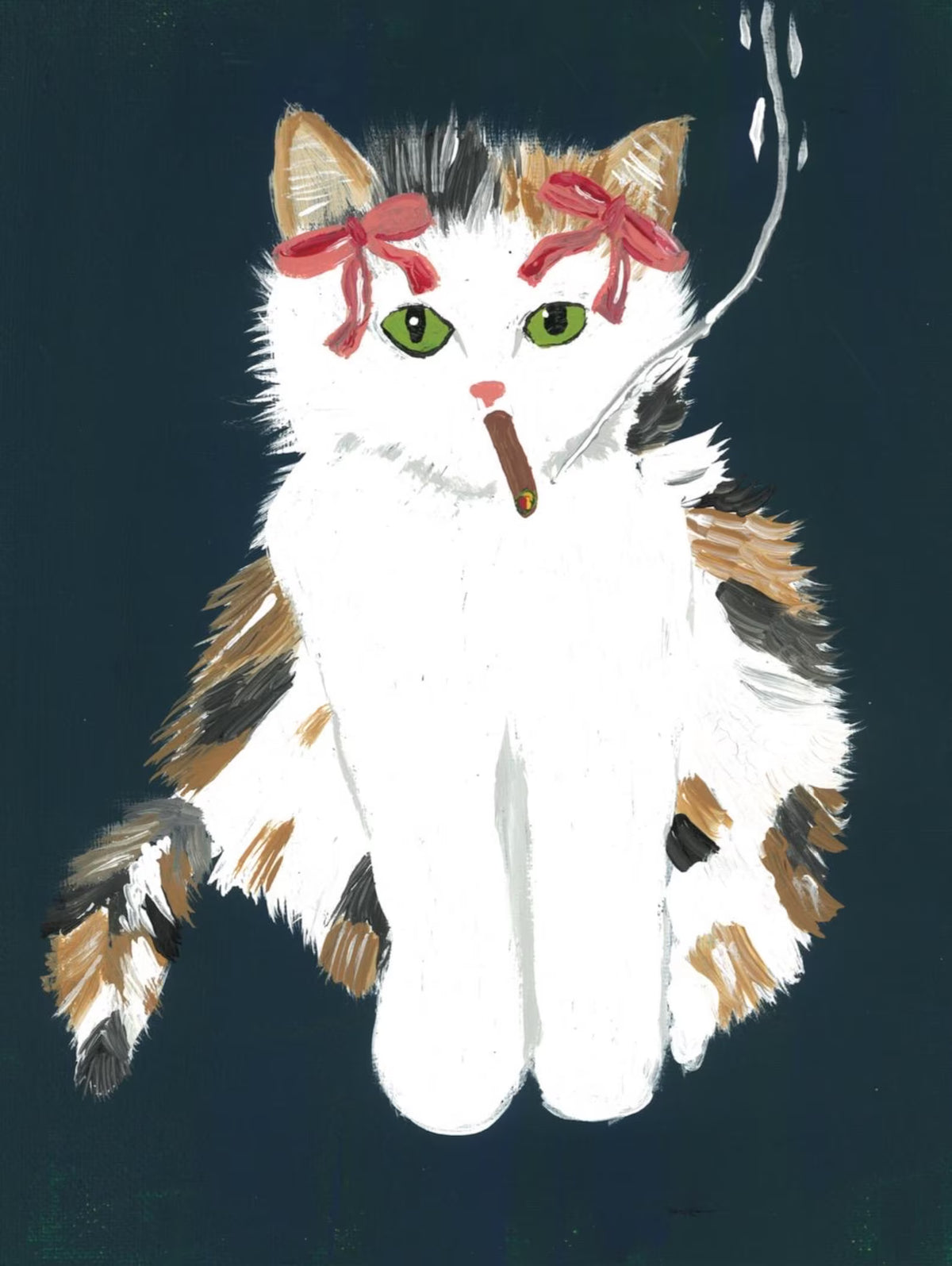White Calico & Ribbon Smoking Cat Print